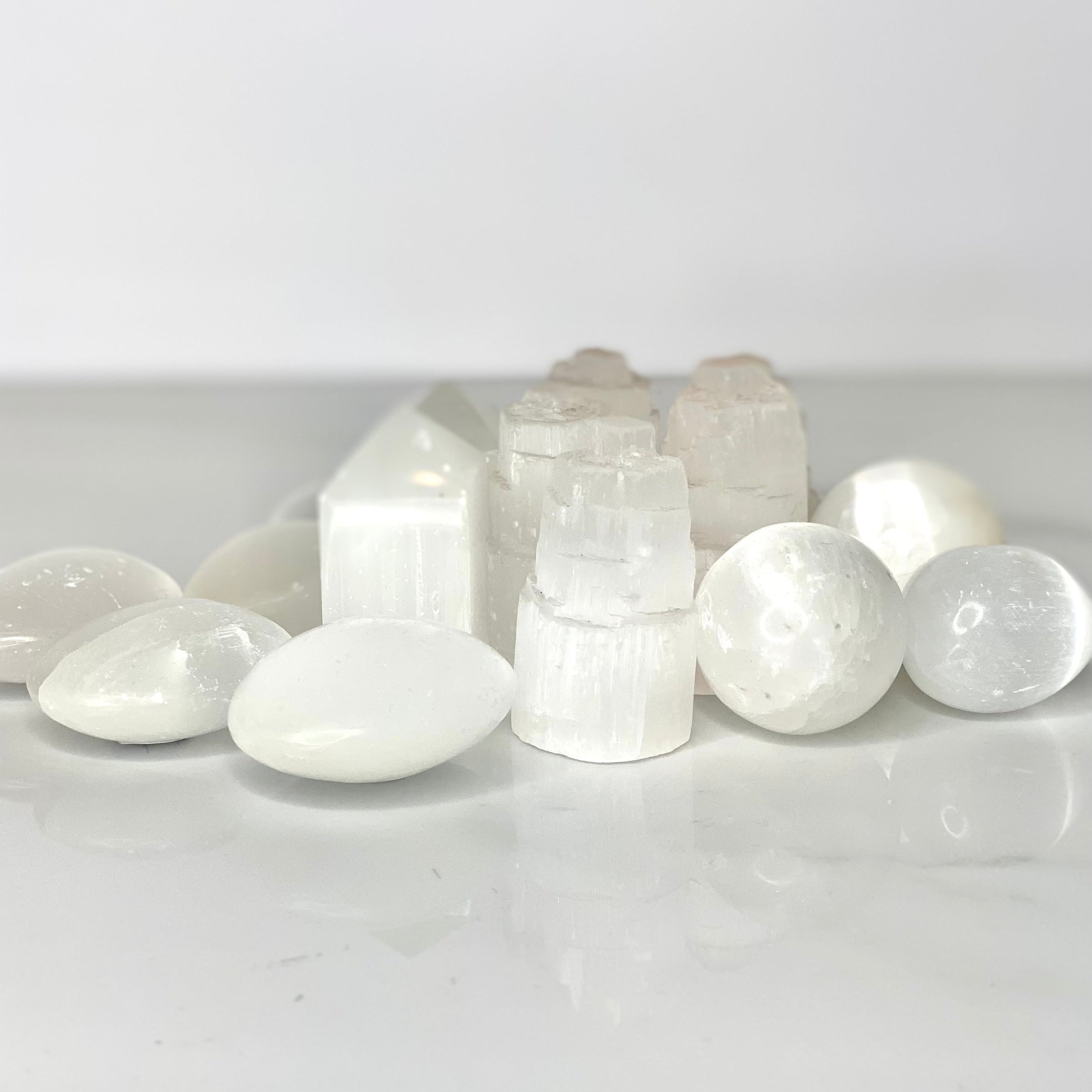 a mix of selenite crystals for embrace for sleep and dreams