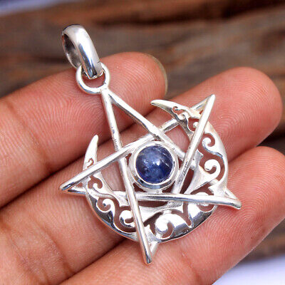 Blue Kyanite Moon & Star Pentagram 925silver pendant
