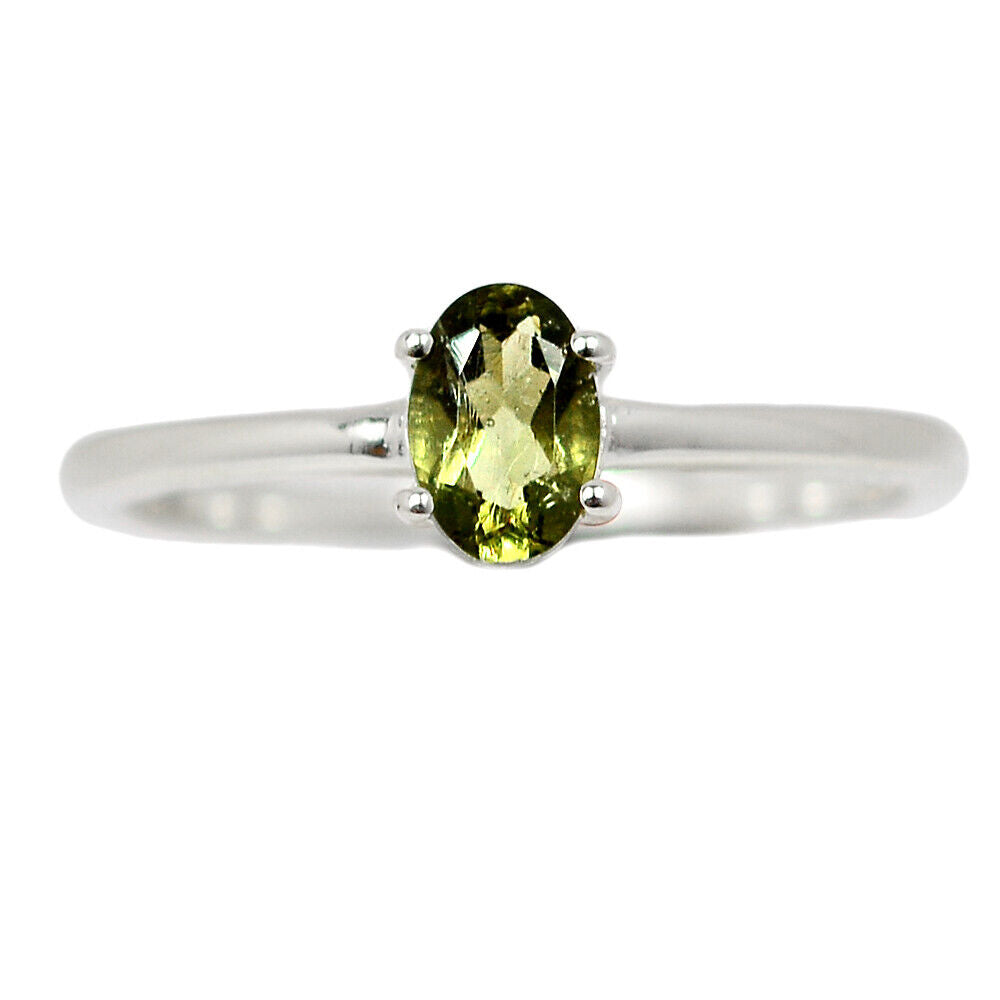 Faceted Moldavite Silver Thin Band Ring Size8