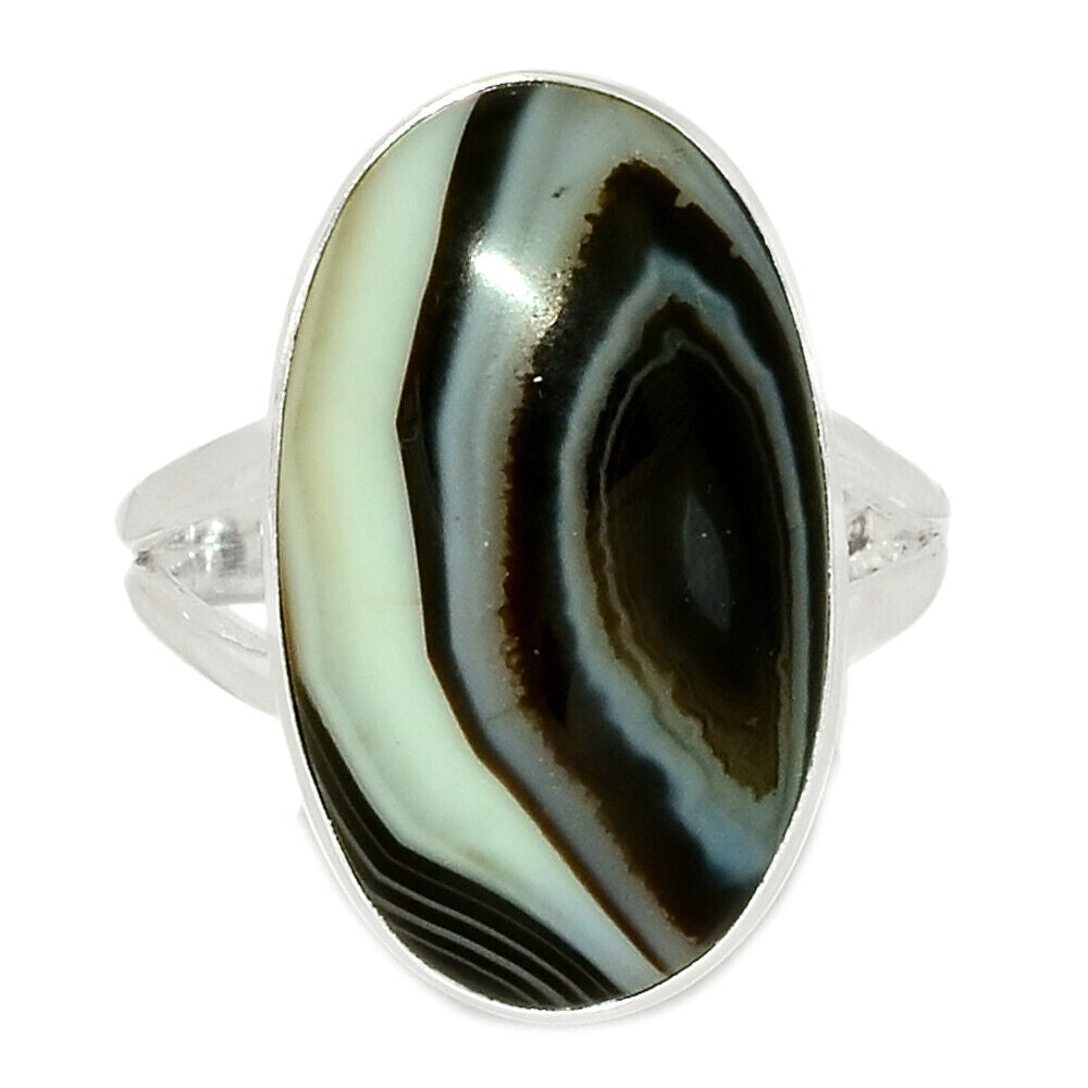 Black Botswana Agate Silver Ring Size 9.5