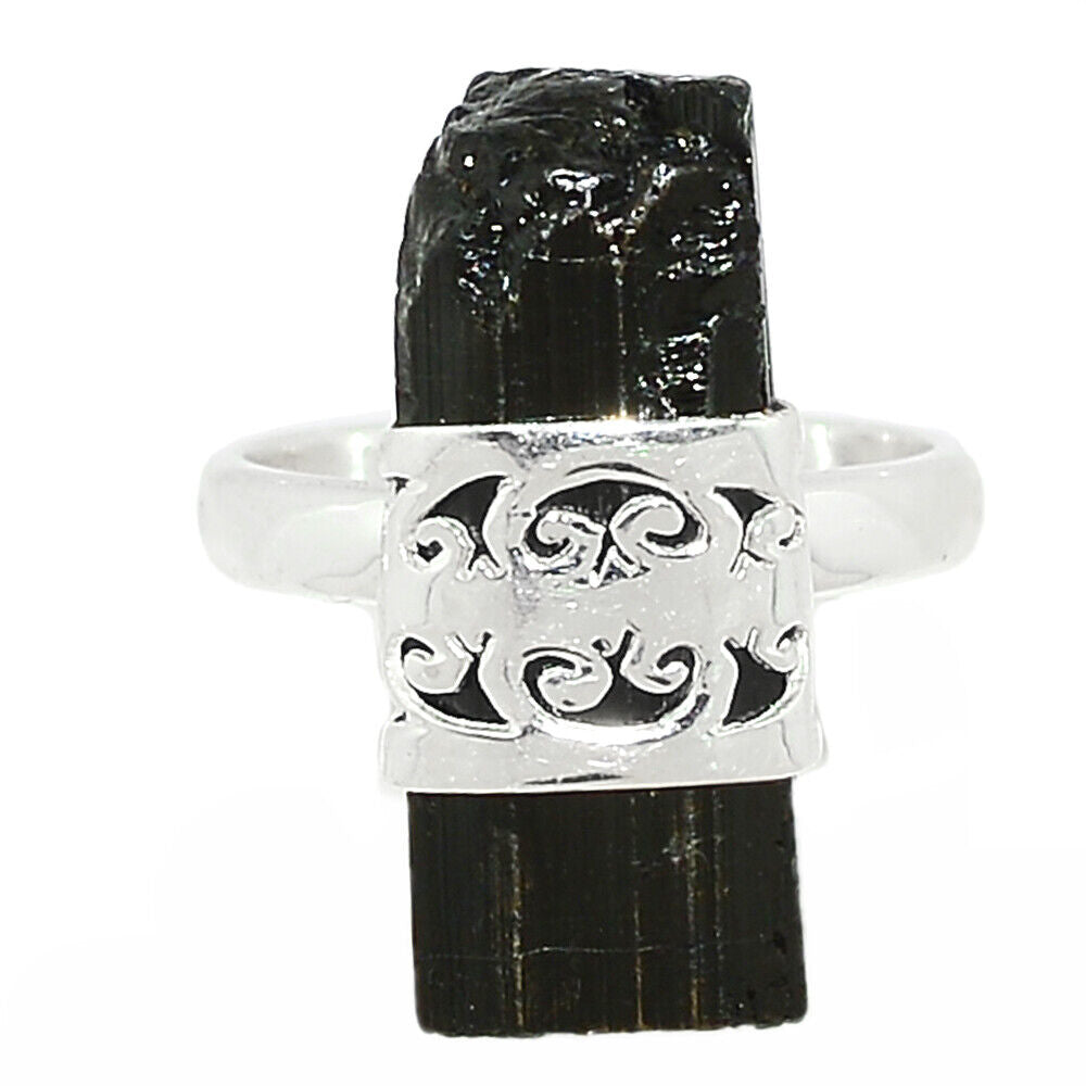 Handwork Black Tourmaline Silver Ring Size 7