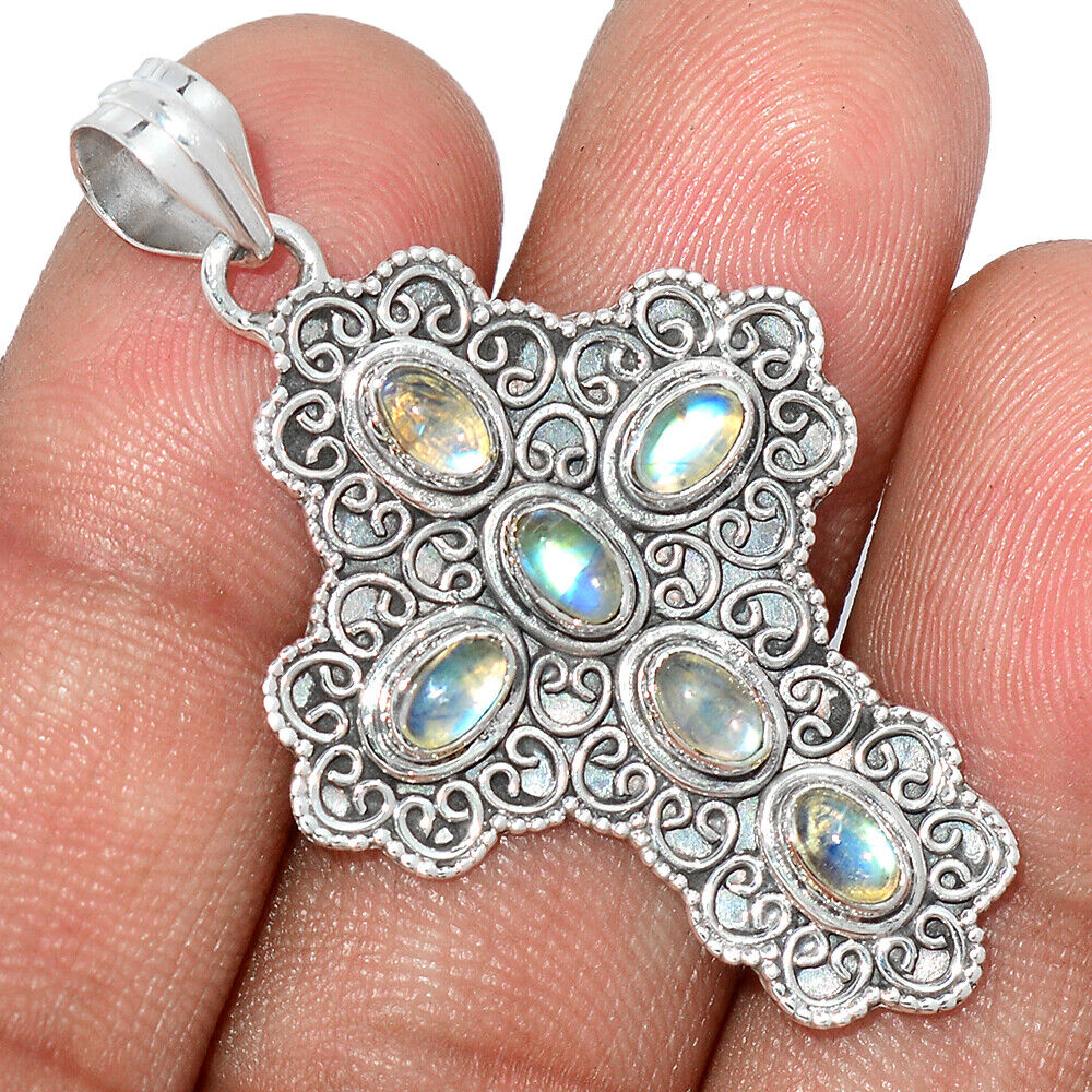 Rainbow Cabochon Moonstone Cross Pendant