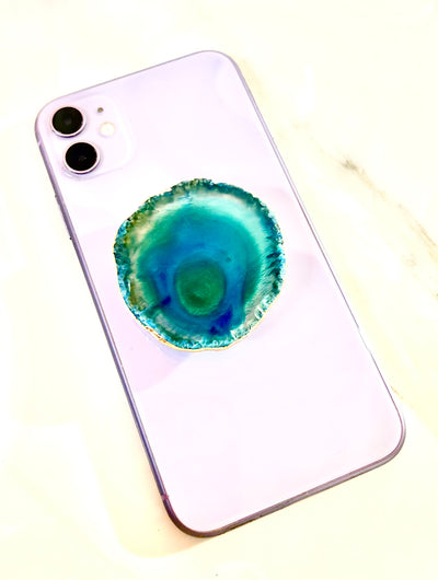 NATURAL DARK BLUE AGATE PHONE POP SOCKET WITH GOLD TRIM