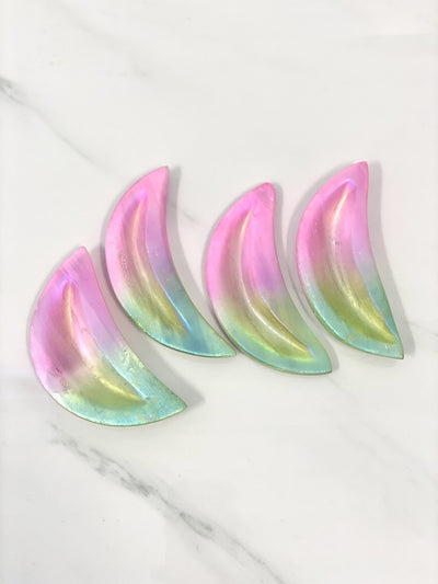 "Embrace Cosmic Beauty with our Pink/Green Dyed Aura Selenite Moons"