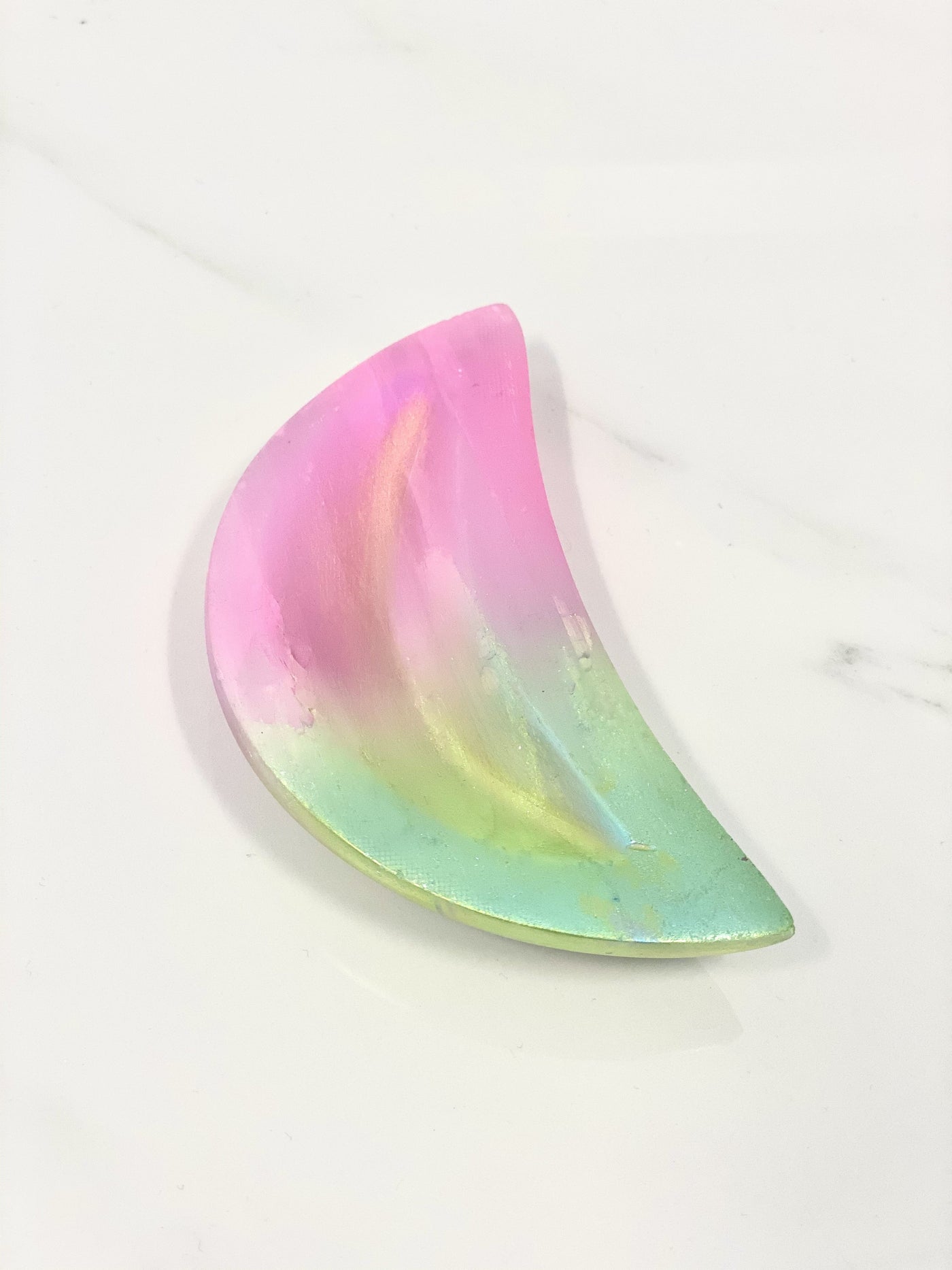 "Embrace Cosmic Beauty with our Pink/Green Dyed Aura Selenite Moons"