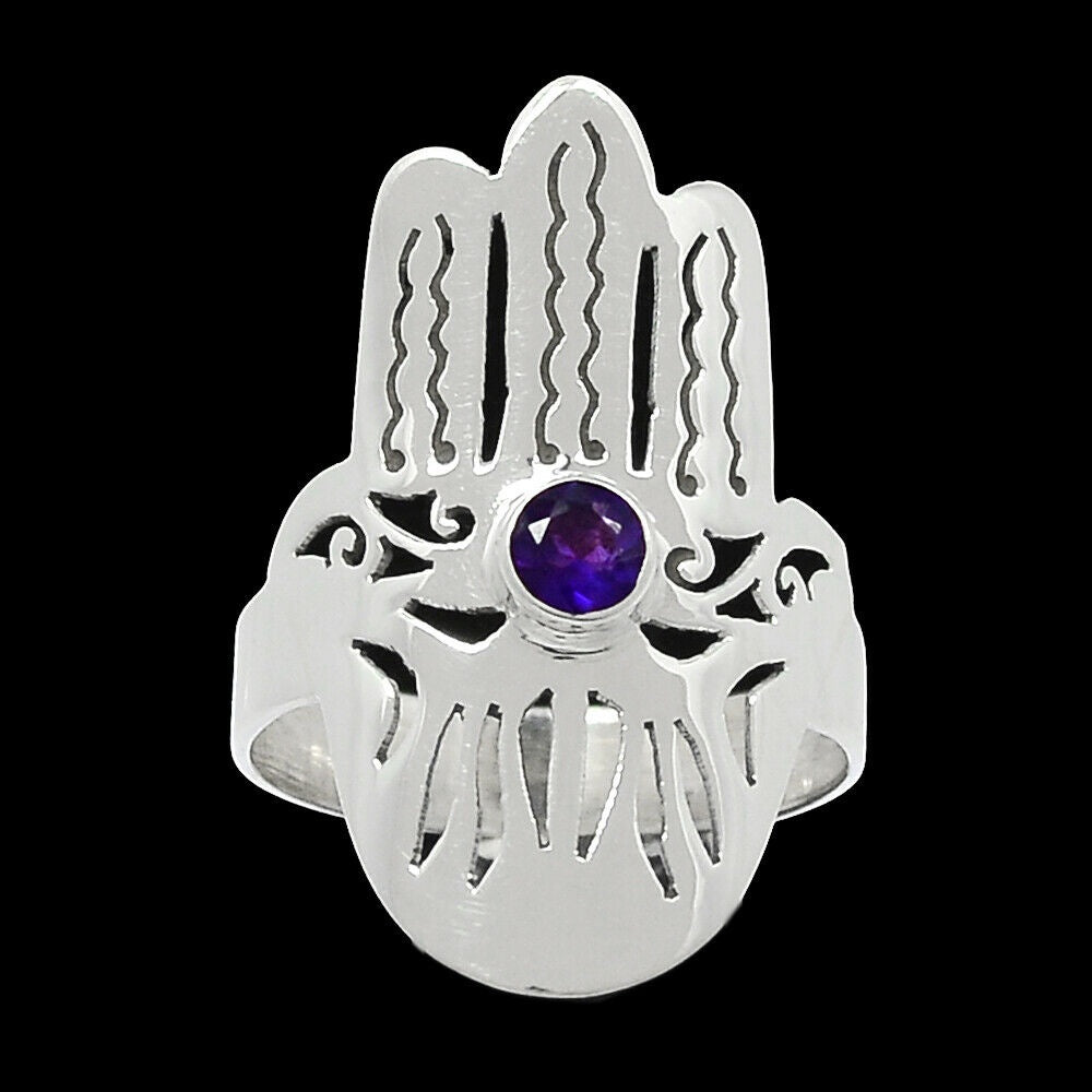Hamsa Hand - African Amethyst 925 Sterling Silver Ring