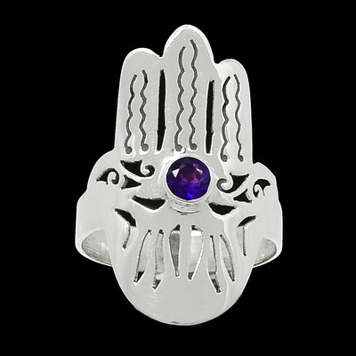 Hamsa Hand - African Amethyst 925 Sterling Silver Ring