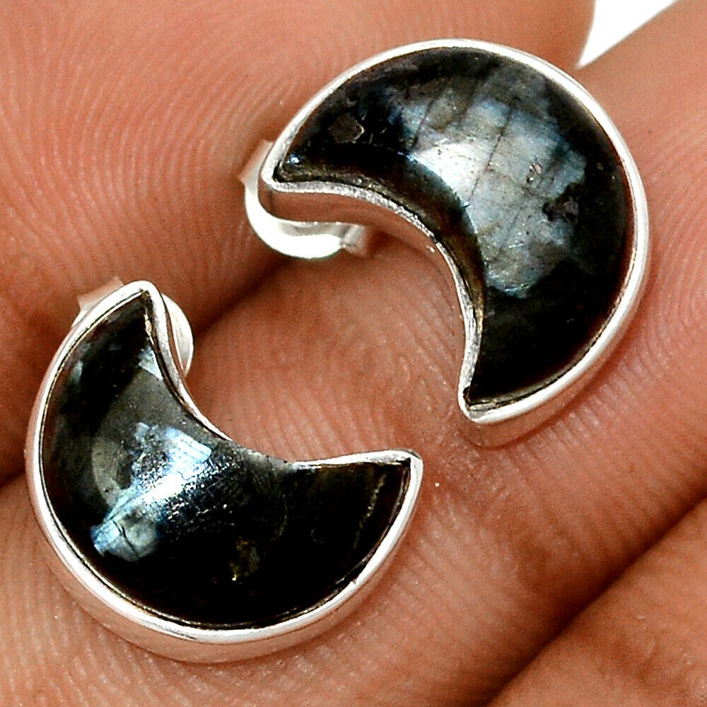 Crescent Moon - Larvikite Black Moonstone Earrings