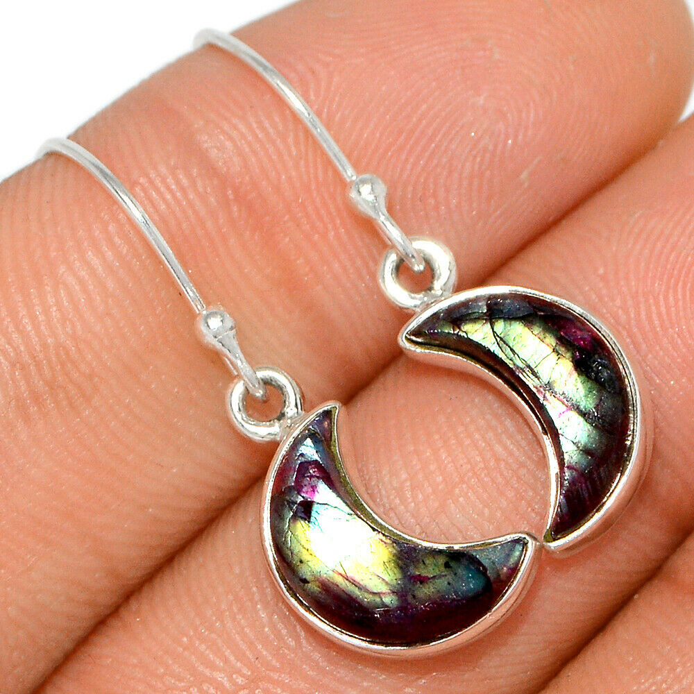 Crescent Moon - Red Flash Labradorite 925 Silver Earrings