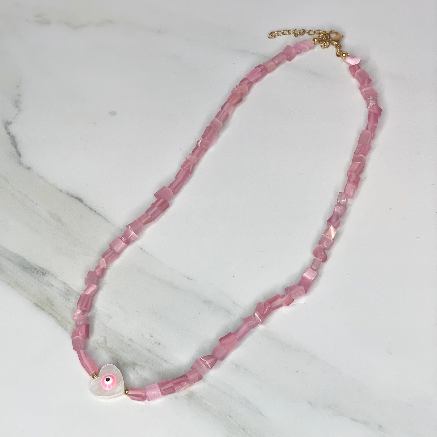 Evil Eye Beaded Cats Eye Necklace - Pink