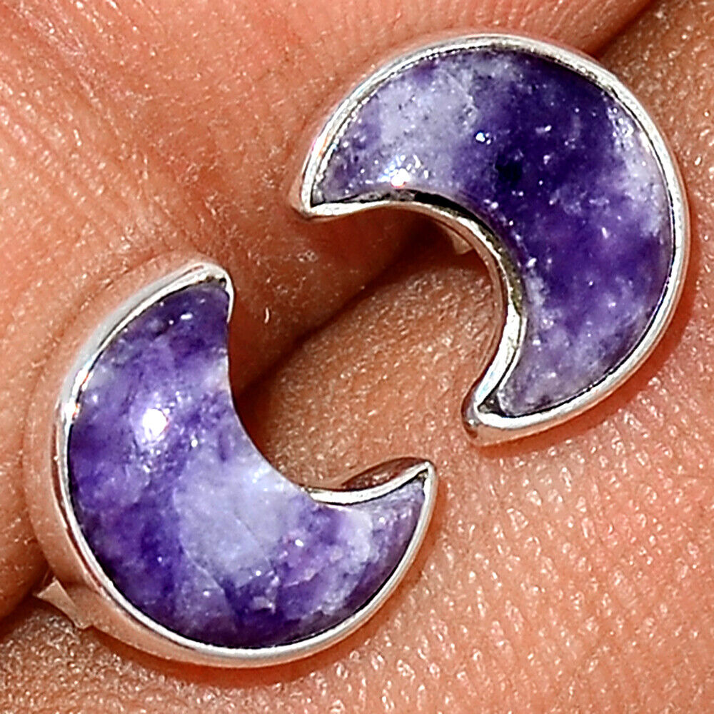 Crescent Moon - Purple Lepidolite Worry Stone 925 Silver Earring - Stud