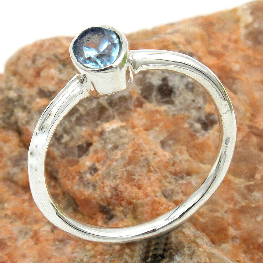 Blue topaz Gemstone Fine HANDMADE Jewellery Solid Sterling Silver Ring Size 7