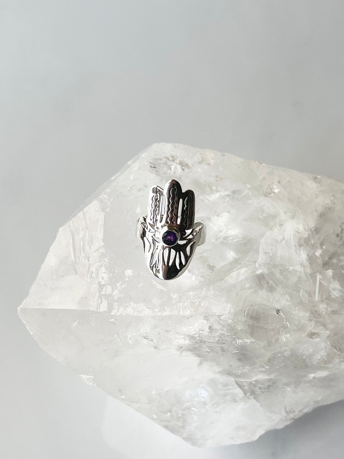 Hamsa Hand - African Amethyst 925 Sterling Silver Ring