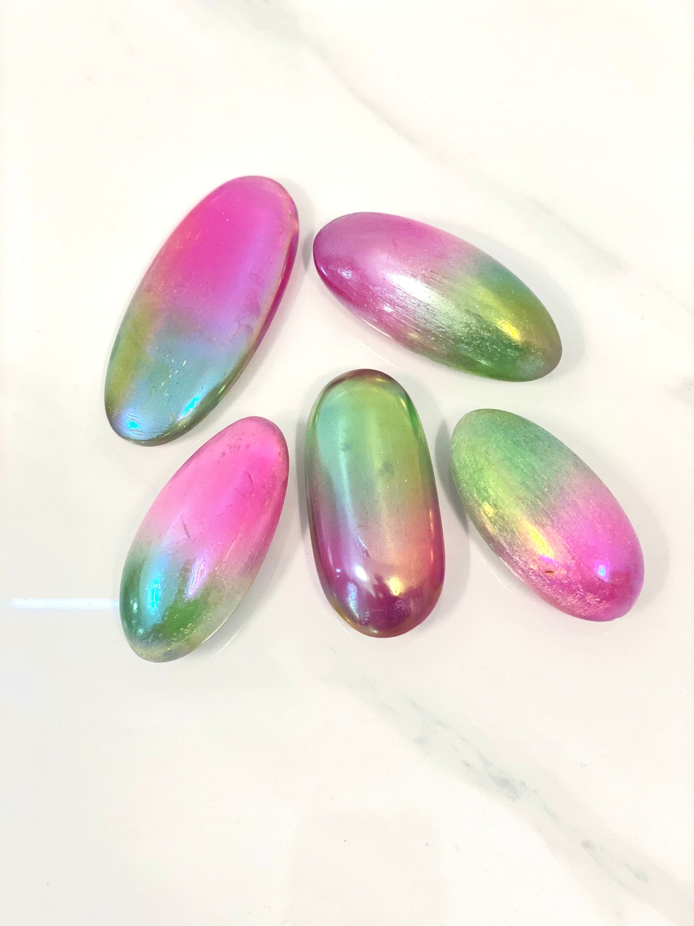 "Radiant Aura and Soothing Energy: Green/Pink/Yellow Aura Selenite Oval Palm"