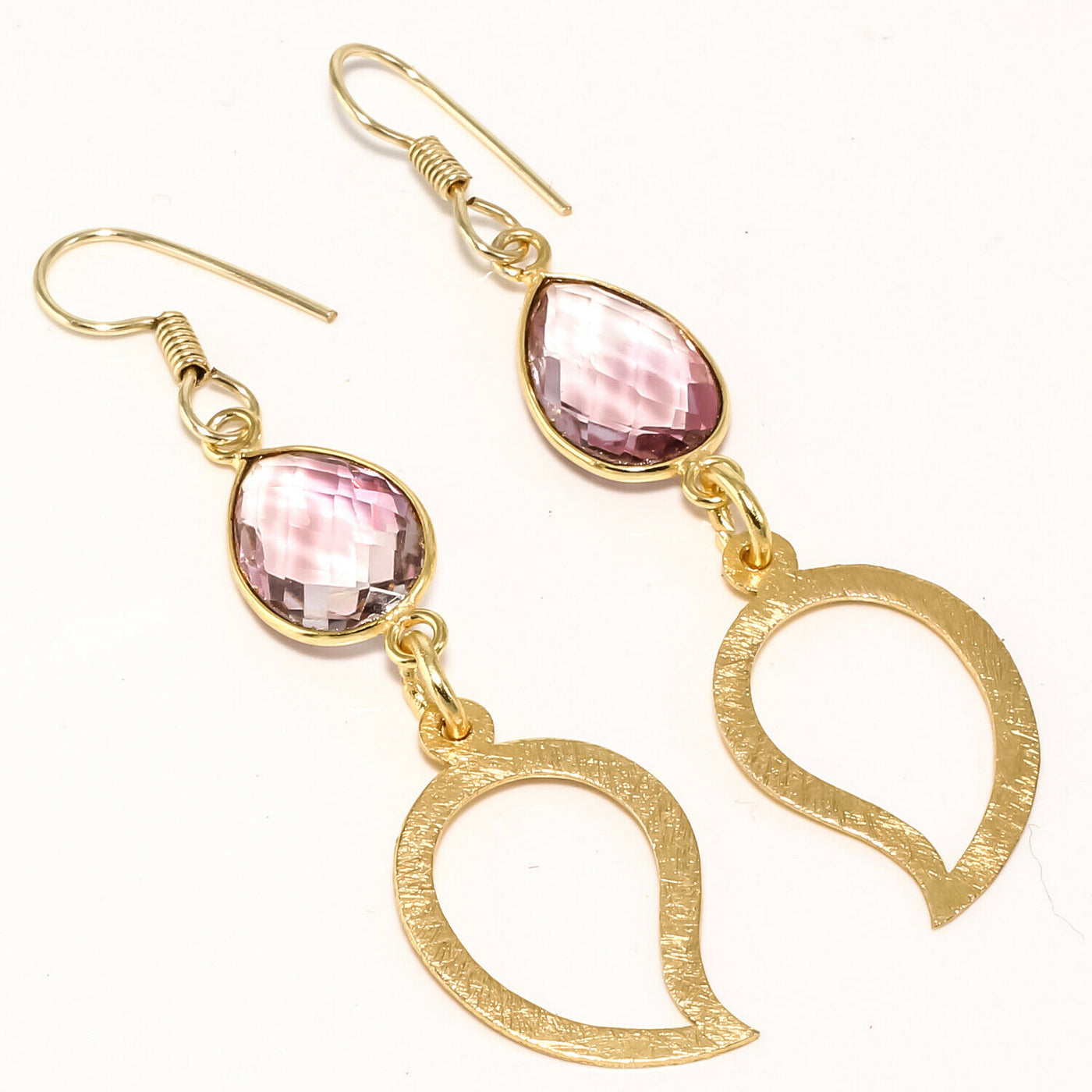 PINK AMETHYST GEMSTONE GOLD PLATED HANDMADE CHARMS JEWELLERY EARRING 2.57"