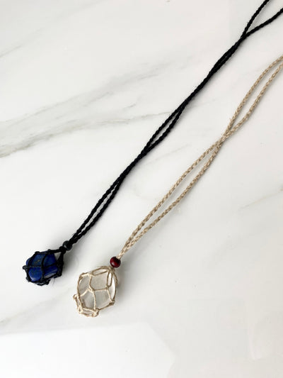 Macrame Adjustable Crystal Pouch Necklace - Black