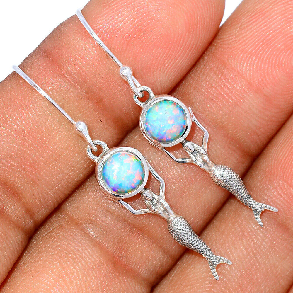 Mermaid - Lab Created Fire Opal 925 Silver Earring