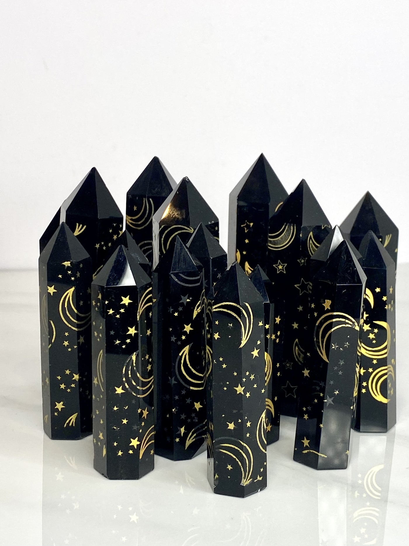 Illuminate Your Path with Black Obsidian Engraved with Gold Stars & Moons